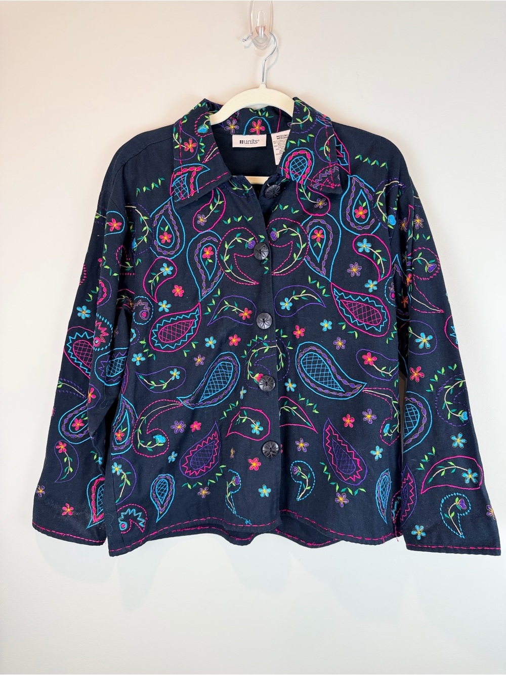 Units Black Embroidered Cotton & Linen Paisley Button-Up Jacket  Size Medium